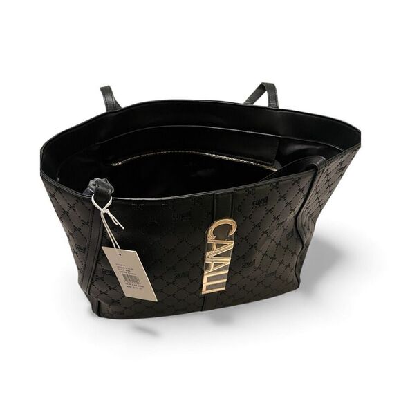 Roberto Cavalli Handbags - Cavalli Sandra Shopper Tote Bag – Black Deboss Logo, Large Carryall, NWT